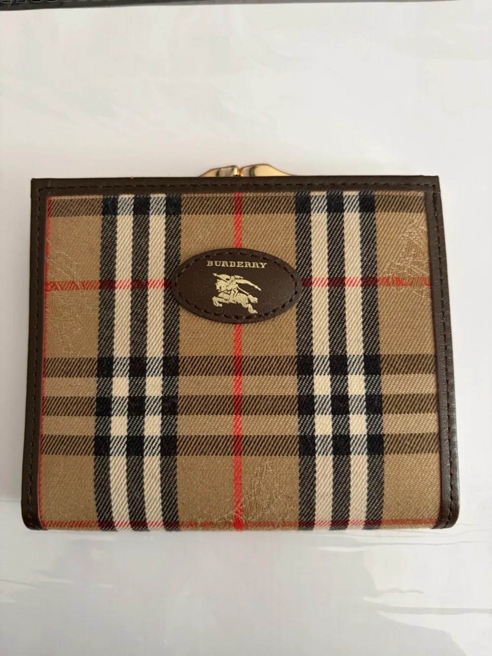 Burberry Beige Tan Check Fold Wallet with Black and Red Accents - Picture 2 of 9
